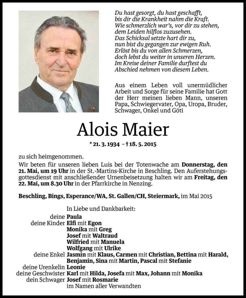  Todesanzeige für Alois Maier vom 20.05.2015 aus Vorarlberger Nachrichten