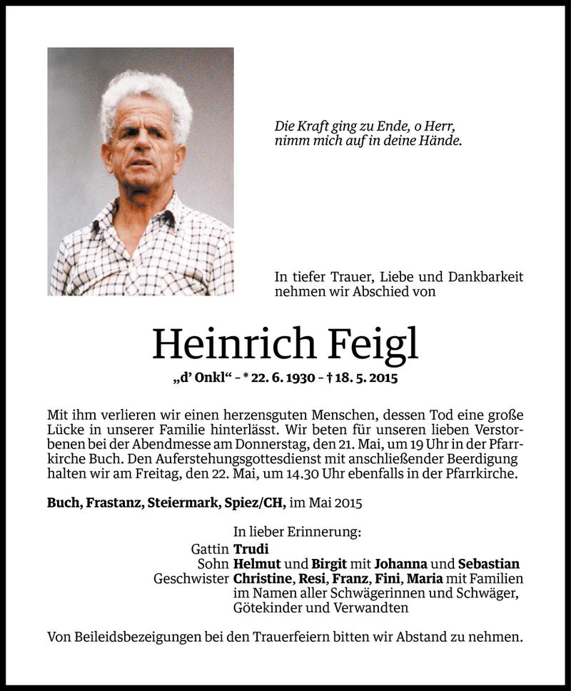  Todesanzeige für Heinrich Feigl vom 19.05.2015 aus Vorarlberger Nachrichten