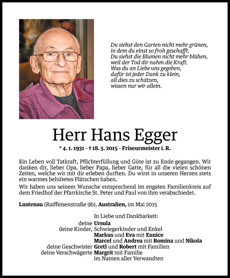  Todesanzeige für Hans Egger vom 21.05.2015 aus Vorarlberger Nachrichten
