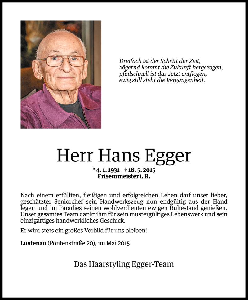  Todesanzeige für Hans Egger vom 21.05.2015 aus Vorarlberger Nachrichten
