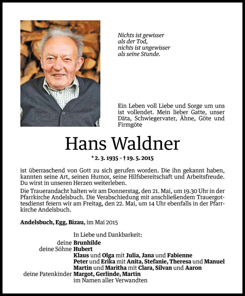  Todesanzeige für Hans Waldner vom 20.05.2015 aus Vorarlberger Nachrichten