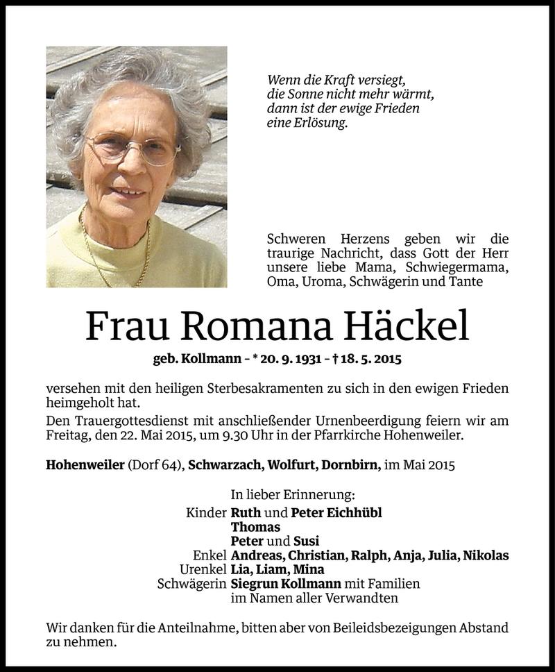  Todesanzeige für Romana Häckel vom 20.05.2015 aus Vorarlberger Nachrichten