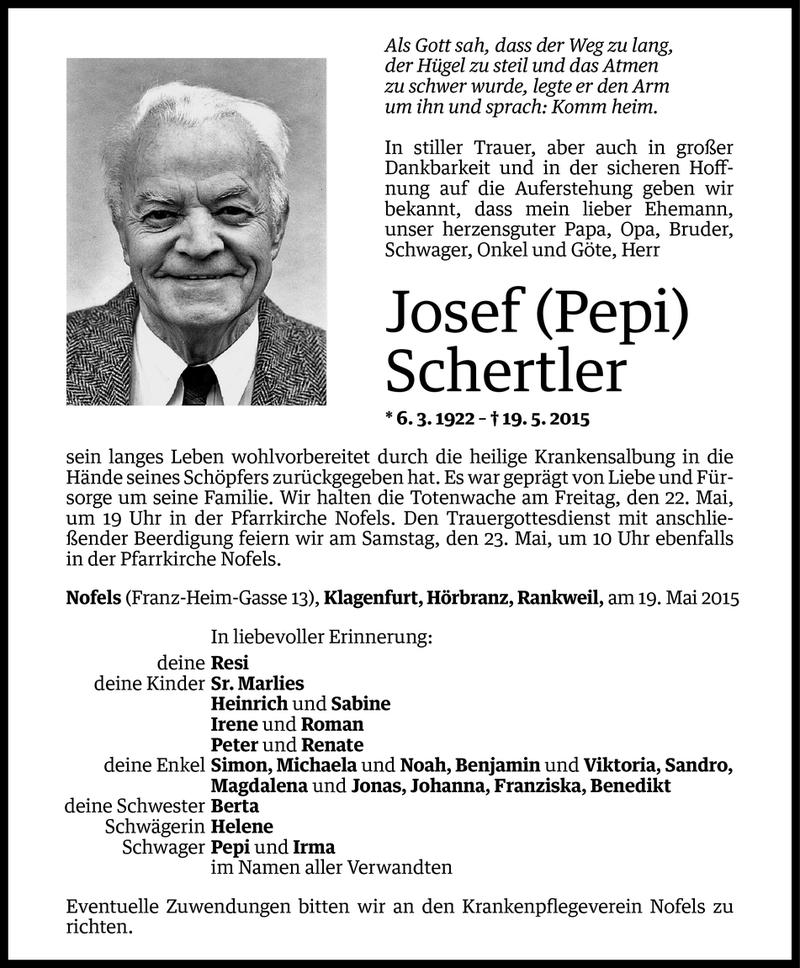  Todesanzeige für Josef Schertler vom 20.05.2015 aus Vorarlberger Nachrichten