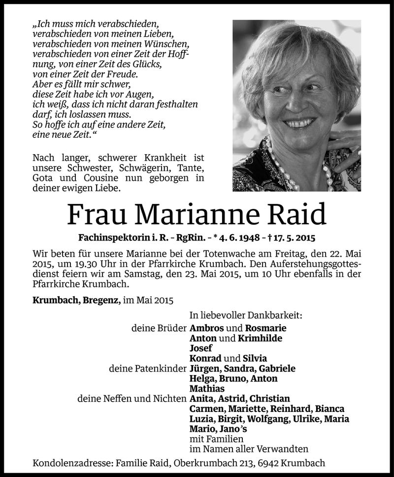  Todesanzeige für Marianne Raid vom 20.05.2015 aus Vorarlberger Nachrichten