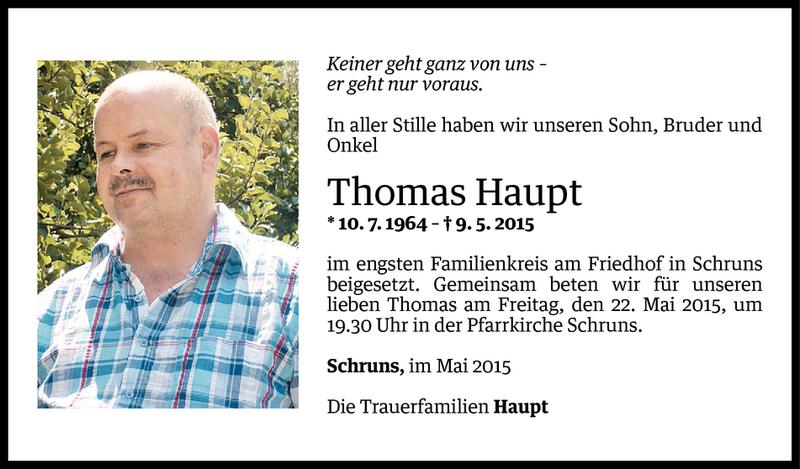  Todesanzeige für Thomas Haupt vom 20.05.2015 aus Vorarlberger Nachrichten