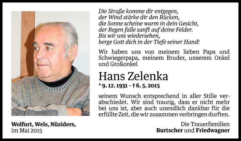  Todesanzeige für Hans Zelenka vom 22.05.2015 aus Vorarlberger Nachrichten
