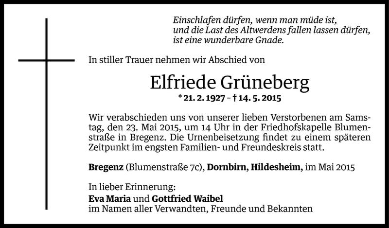  Todesanzeige für Elfriede Grüneberg vom 20.05.2015 aus Vorarlberger Nachrichten