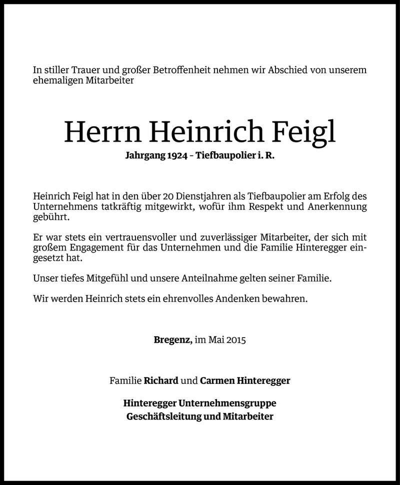  Todesanzeige für Heinrich Feigl vom 20.05.2015 aus Vorarlberger Nachrichten