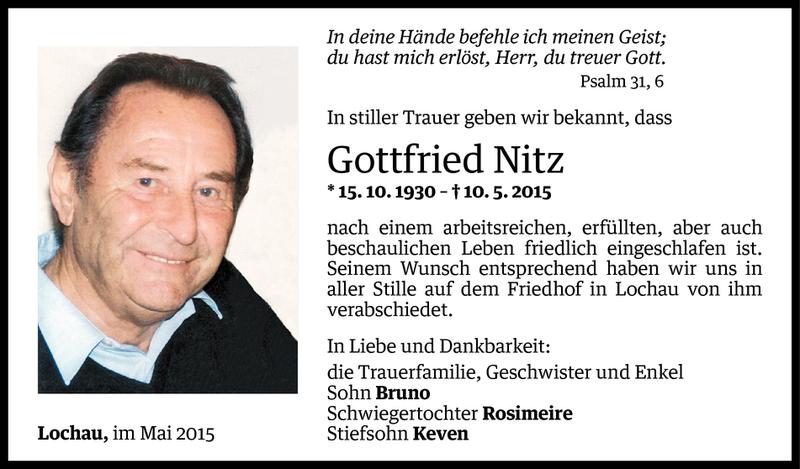  Todesanzeige für Gottfried Nitz vom 22.05.2015 aus Vorarlberger Nachrichten