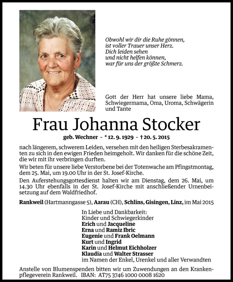  Todesanzeige für Johanna Stocker vom 22.05.2015 aus Vorarlberger Nachrichten