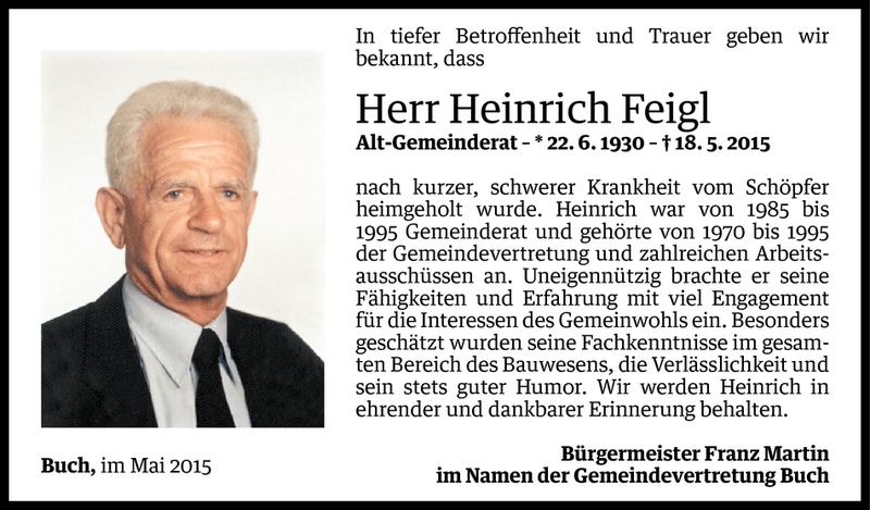  Todesanzeige für Heinrich Feigl vom 20.05.2015 aus Vorarlberger Nachrichten