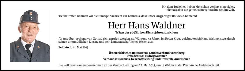  Todesanzeige für Hans Waldner vom 20.05.2015 aus Vorarlberger Nachrichten