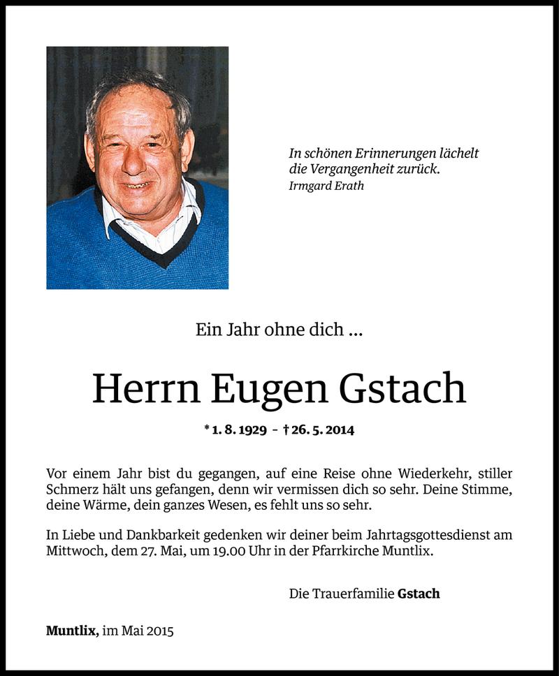  Todesanzeige für Eugen Gstach vom 26.05.2015 aus Vorarlberger Nachrichten