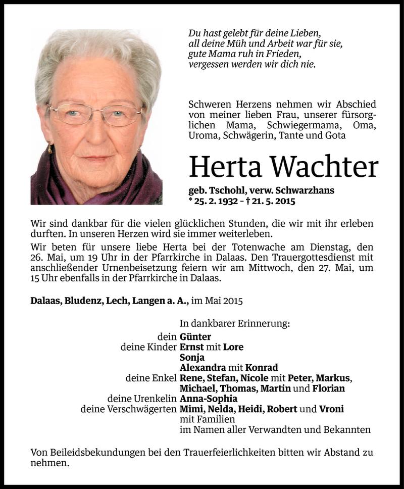  Todesanzeige für Herta Wachter vom 23.05.2015 aus Vorarlberger Nachrichten