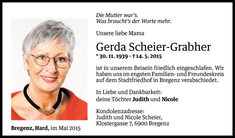  Todesanzeige für Gerda Scheier-Grabher vom 22.05.2015 aus Vorarlberger Nachrichten