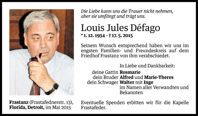  Todesanzeige für Louis Jules Défago vom 23.05.2015 aus Vorarlberger Nachrichten