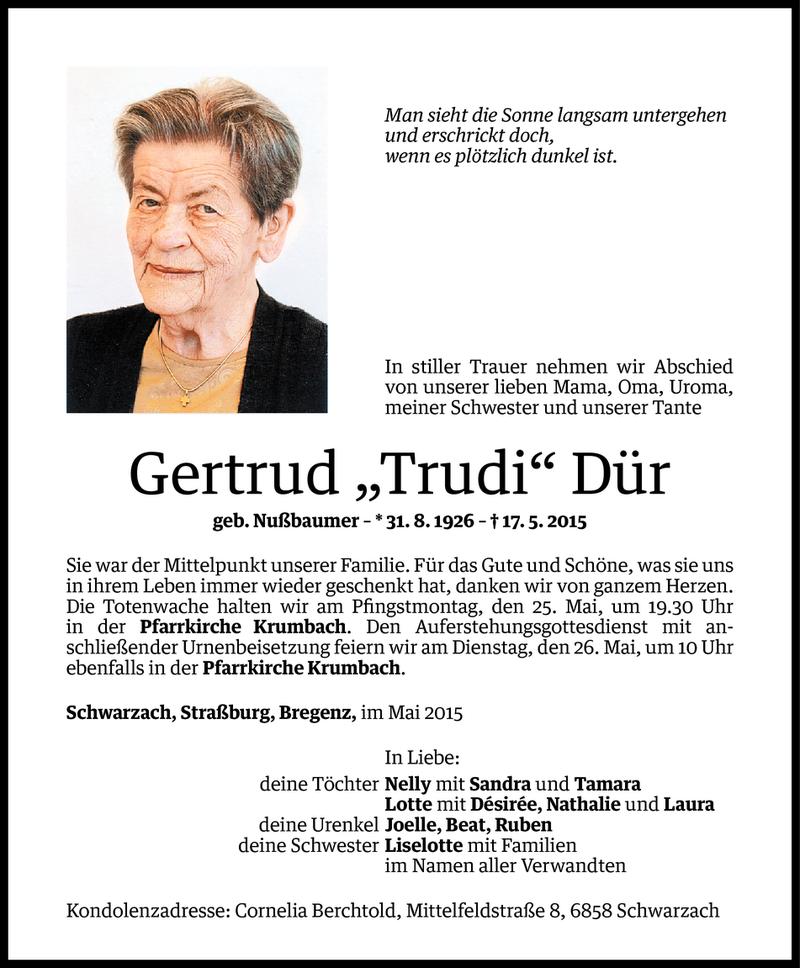  Todesanzeige für Gertrud Dür vom 22.05.2015 aus Vorarlberger Nachrichten