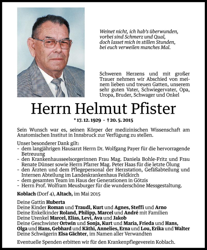  Todesanzeige für Helmut Pfister vom 26.05.2015 aus Vorarlberger Nachrichten