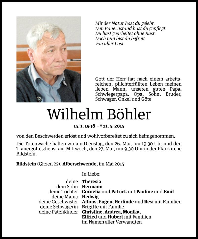  Todesanzeige für Wilhelm Böhler vom 22.05.2015 aus Vorarlberger Nachrichten