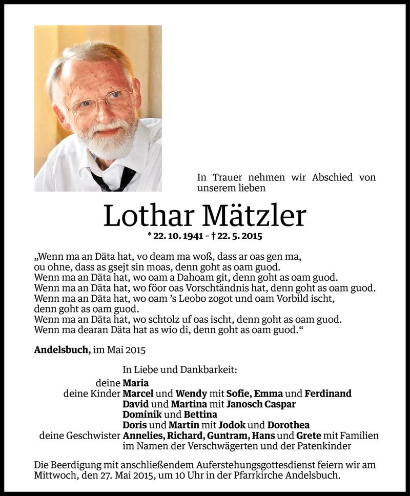  Todesanzeige für Lothar Mätzler vom 25.05.2015 aus Vorarlberger Nachrichten