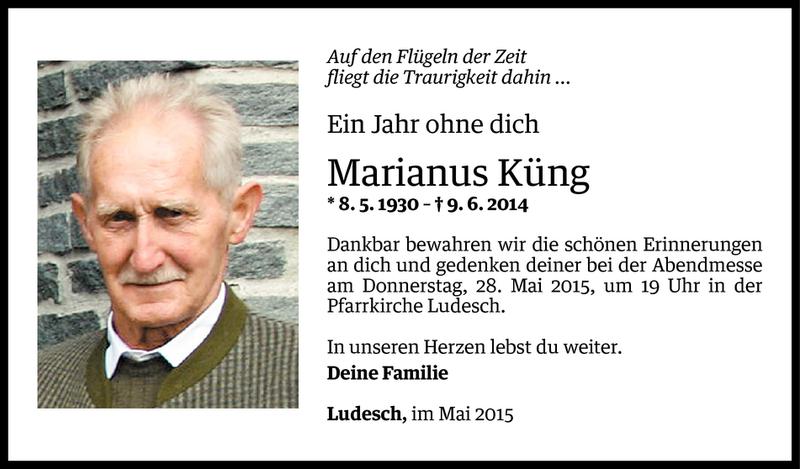  Todesanzeige für Marianus Küng vom 25.05.2015 aus Vorarlberger Nachrichten