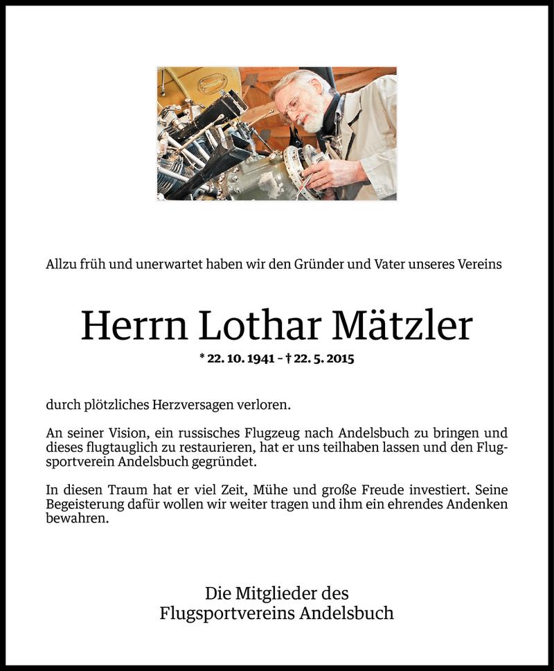  Todesanzeige für Lothar Mätzler vom 25.05.2015 aus Vorarlberger Nachrichten