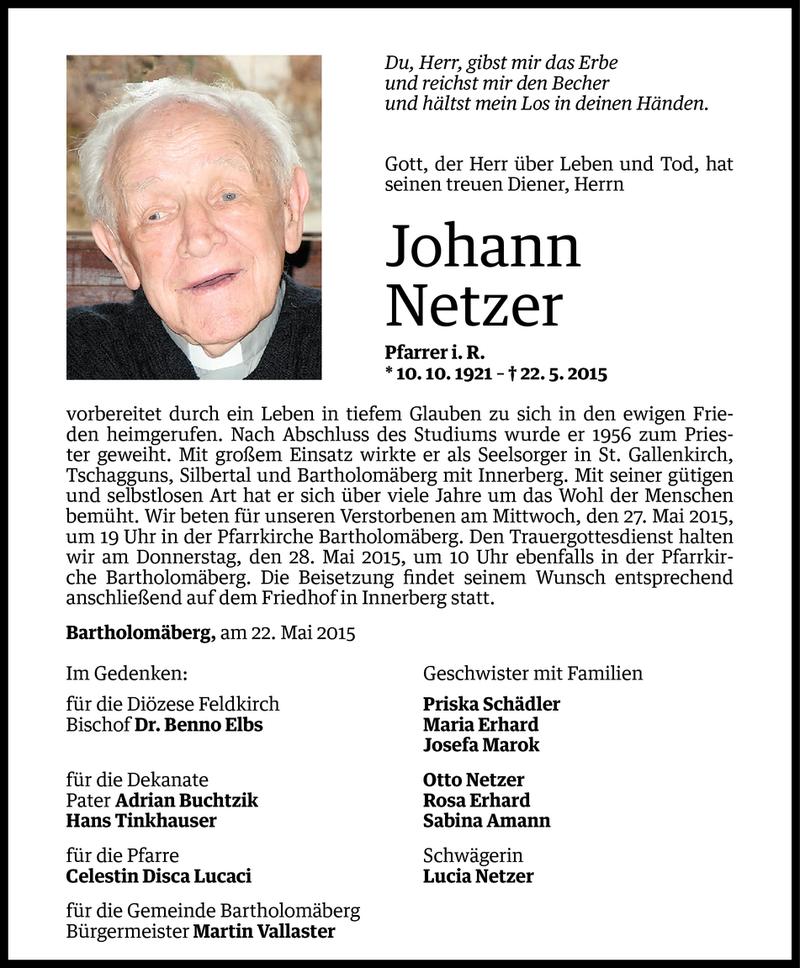  Todesanzeige für Johann Netzer vom 25.05.2015 aus Vorarlberger Nachrichten