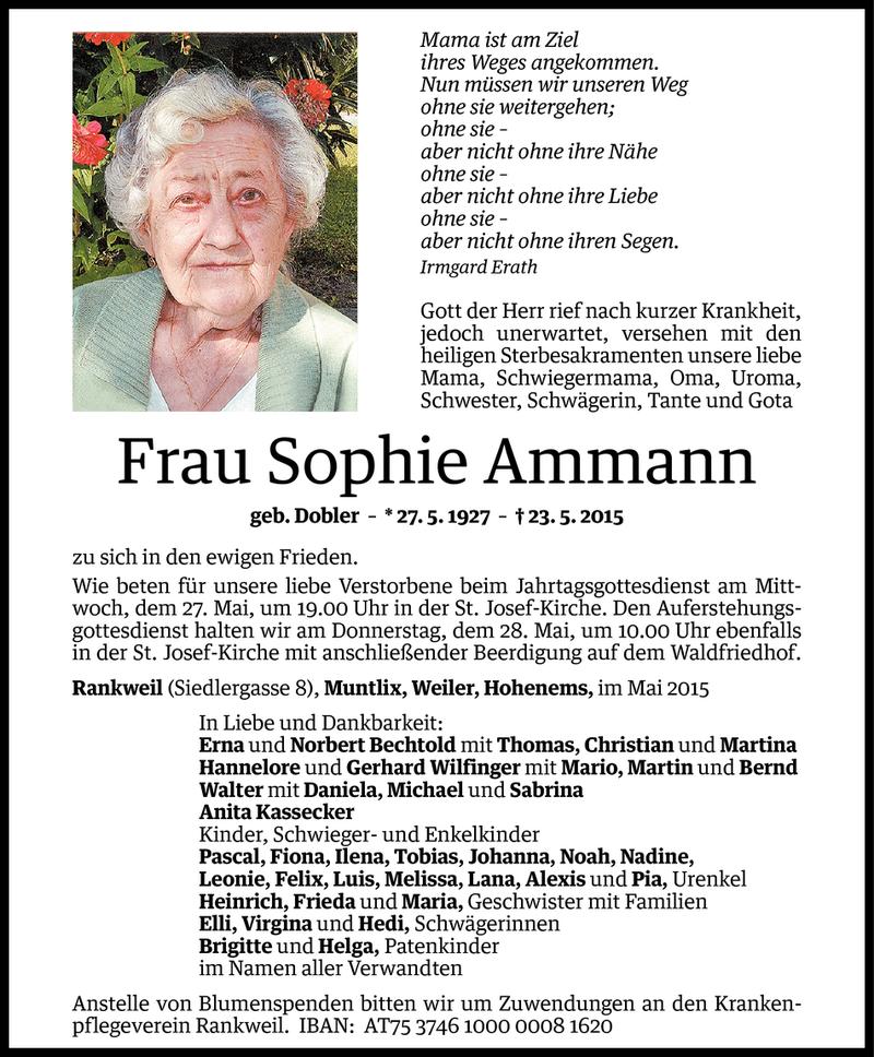  Todesanzeige für Sophie Ammann vom 26.05.2015 aus Vorarlberger Nachrichten