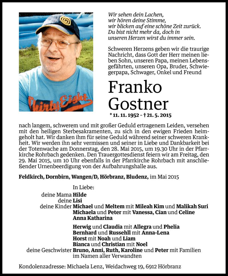  Todesanzeige für Franko Gostner vom 25.05.2015 aus Vorarlberger Nachrichten