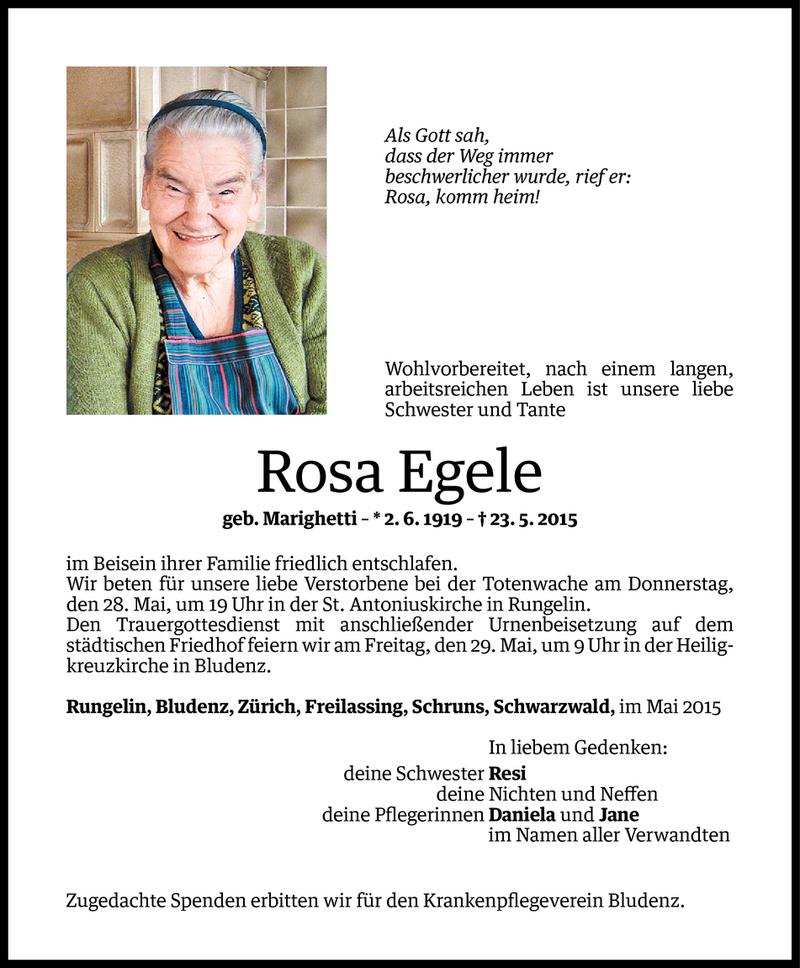  Todesanzeige für Rosa Egele vom 27.05.2015 aus Vorarlberger Nachrichten