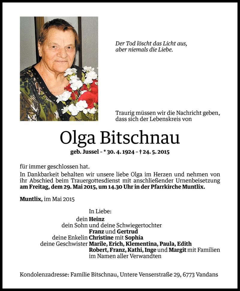  Todesanzeige für Olga Bitschnau vom 26.05.2015 aus Vorarlberger Nachrichten