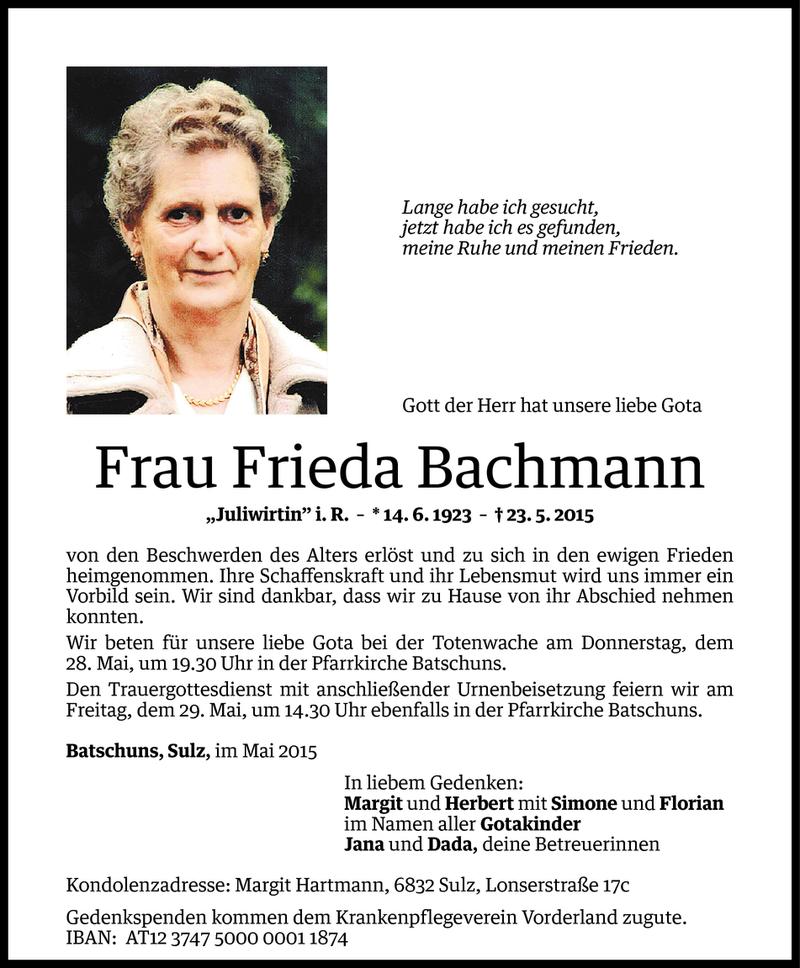  Todesanzeige für Frieda Bachmann vom 27.05.2015 aus Vorarlberger Nachrichten