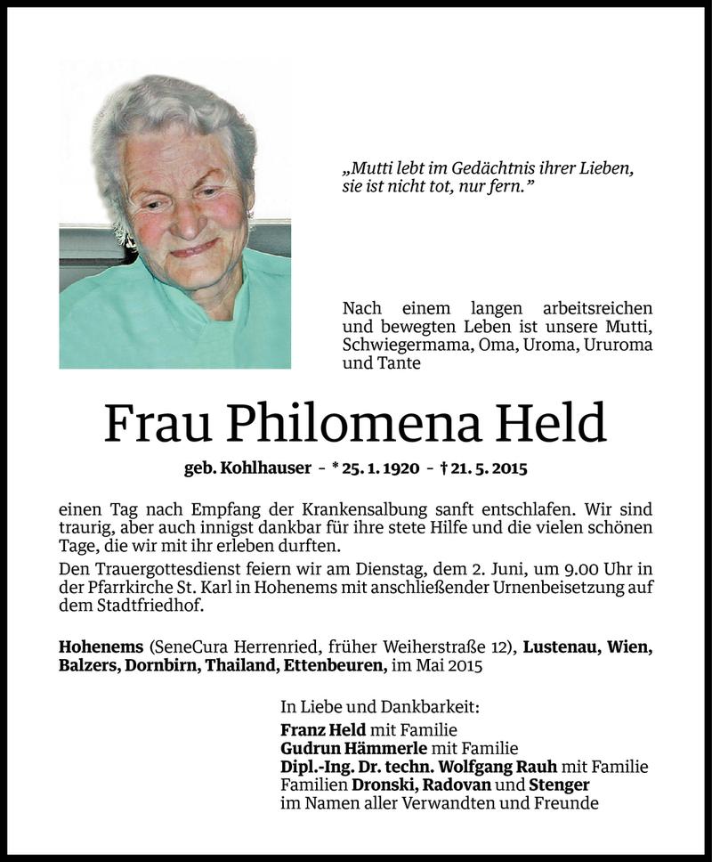  Todesanzeige für Philomena Held vom 30.05.2015 aus Vorarlberger Nachrichten