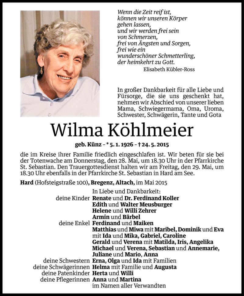 Todesanzeige für Wilma Kohlmeier vom 26.05.2015 aus Vorarlberger Nachrichten