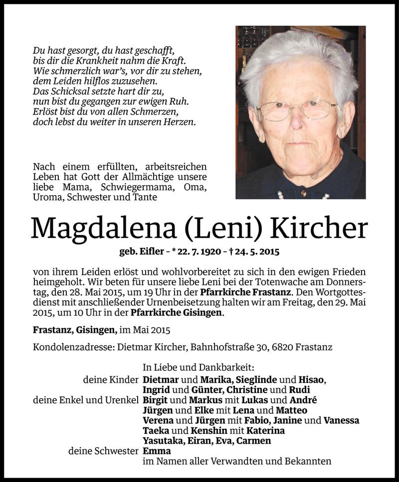  Todesanzeige für Magdalena Kircher vom 26.05.2015 aus Vorarlberger Nachrichten