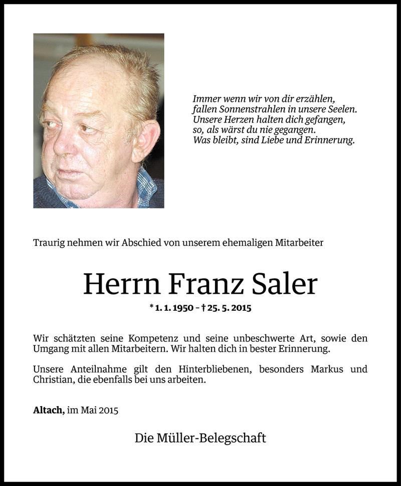  Todesanzeige für Franz Saler vom 26.05.2015 aus Vorarlberger Nachrichten