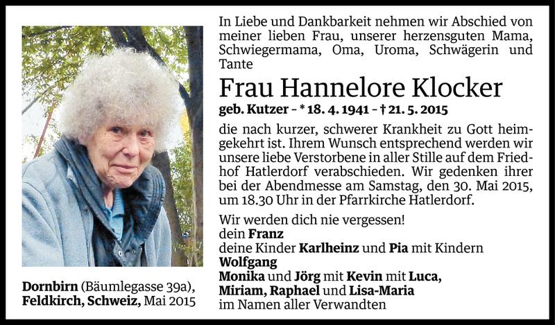  Todesanzeige für Hannelore Klocker vom 26.05.2015 aus Vorarlberger Nachrichten