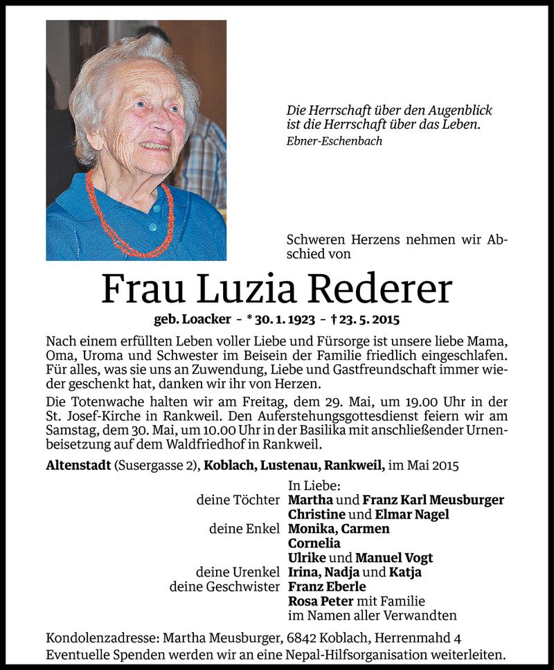  Todesanzeige für Luzia Rederer vom 27.05.2015 aus Vorarlberger Nachrichten
