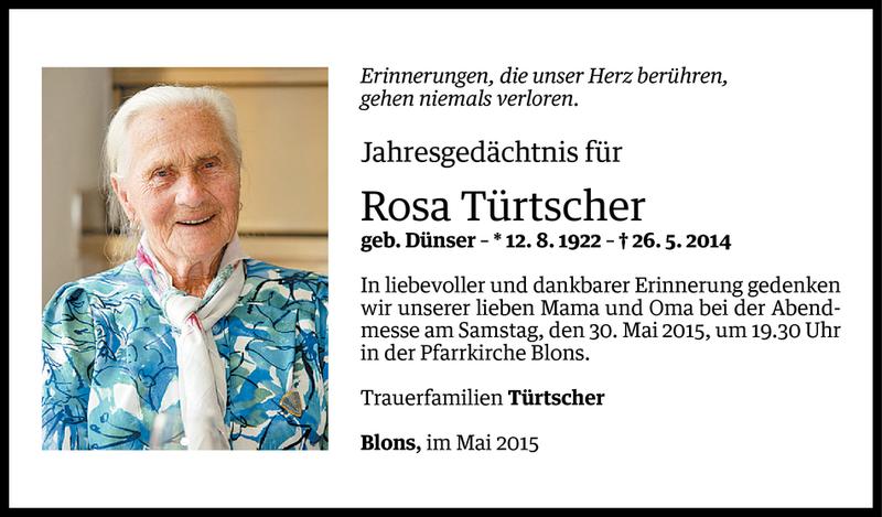  Todesanzeige für Rosa Türtscher vom 27.05.2015 aus Vorarlberger Nachrichten