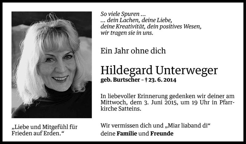  Todesanzeige für Hildegard Unterweger vom 29.05.2015 aus Vorarlberger Nachrichten