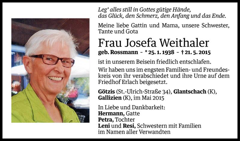  Todesanzeige für Josefa Weithaler vom 28.05.2015 aus Vorarlberger Nachrichten