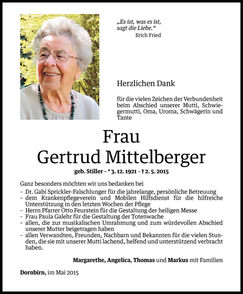  Todesanzeige für Gertrud Mittelberger vom 28.05.2015 aus Vorarlberger Nachrichten