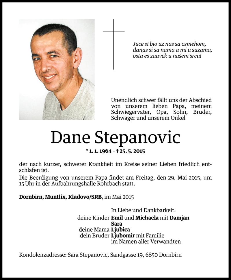  Todesanzeige für Dane Stepanovic vom 27.05.2015 aus Vorarlberger Nachrichten