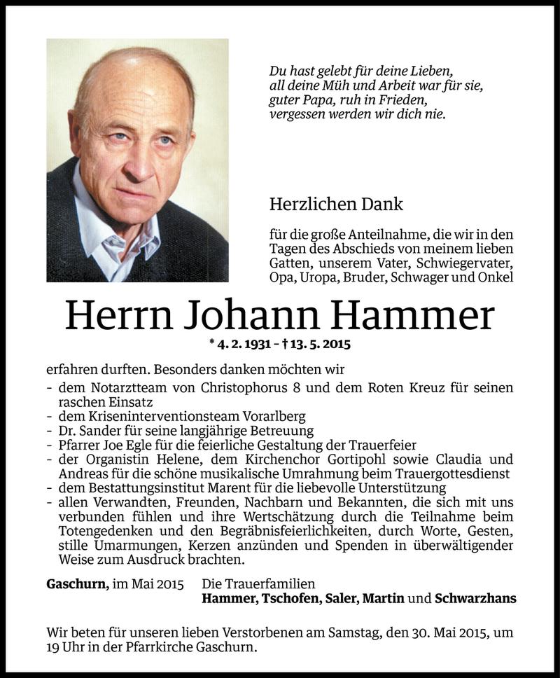  Todesanzeige für Johann Hammer vom 28.05.2015 aus Vorarlberger Nachrichten