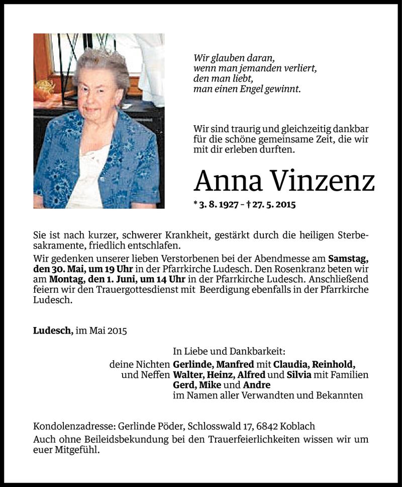  Todesanzeige für Anna Vinzenz vom 29.05.2015 aus Vorarlberger Nachrichten