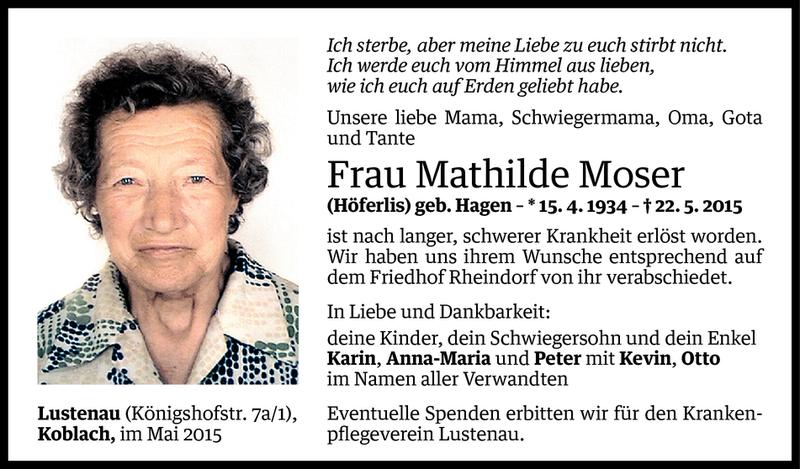  Todesanzeige für Mathilde Moser vom 28.05.2015 aus Vorarlberger Nachrichten