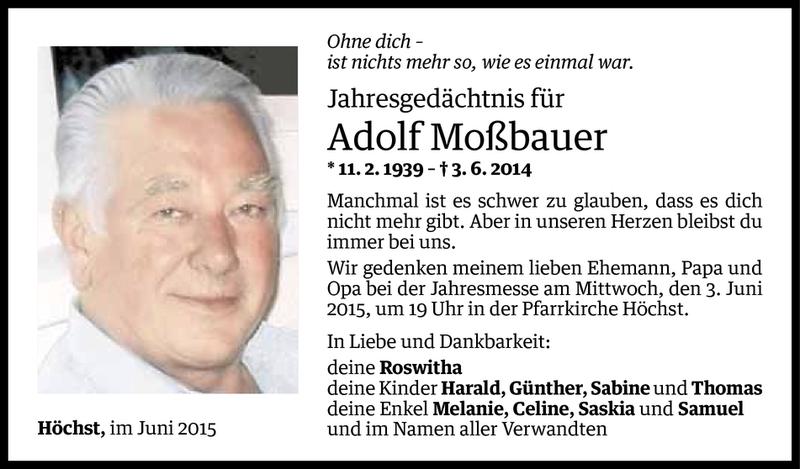  Todesanzeige für Adolf Moßbauer vom 31.05.2015 aus Vorarlberger Nachrichten