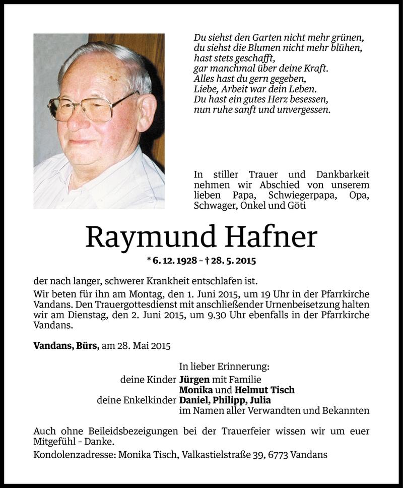  Todesanzeige für Raymund Hafner vom 29.05.2015 aus Vorarlberger Nachrichten