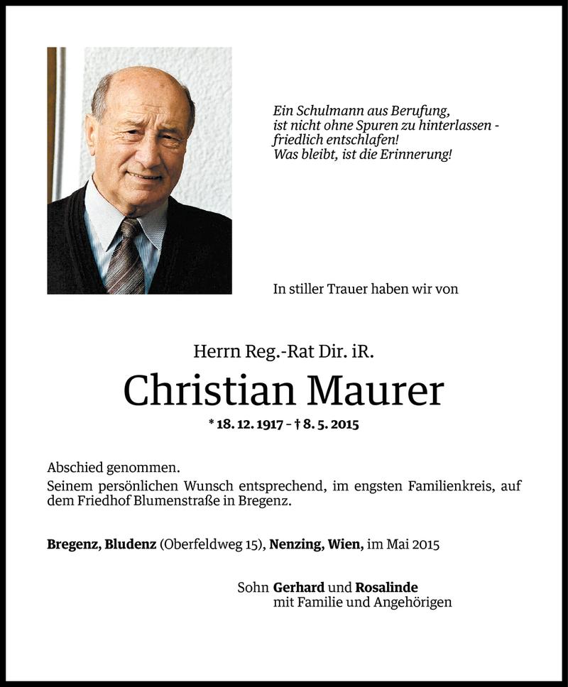  Todesanzeige für Christian Maurer vom 30.05.2015 aus Vorarlberger Nachrichten