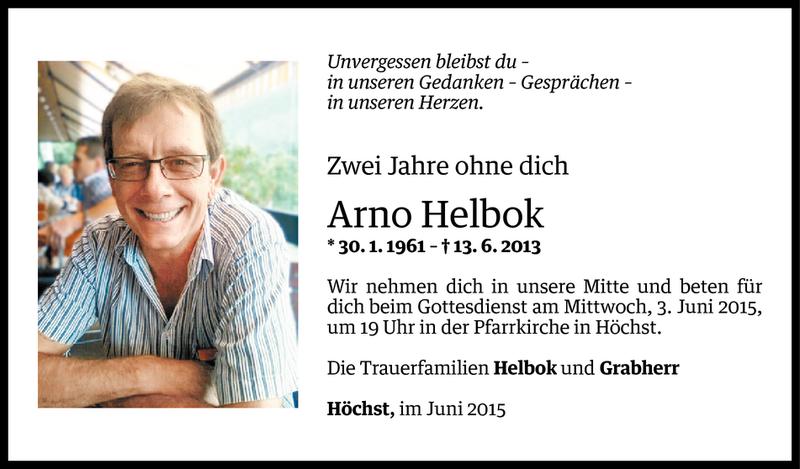  Todesanzeige für Arno Helbok vom 29.05.2015 aus Vorarlberger Nachrichten